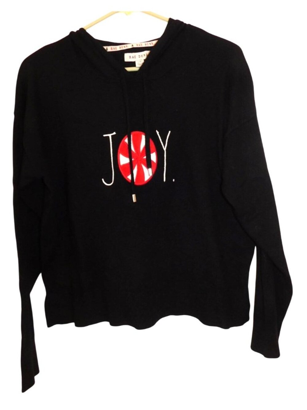 Rae Dunn Sz L JOY Hoodie Black Christmas Graphic Pullover Holiday Cozy